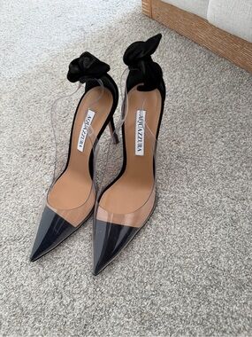 Aquazzura Black and Clear Pointed Toe Stiletto Heels with Bow Accent